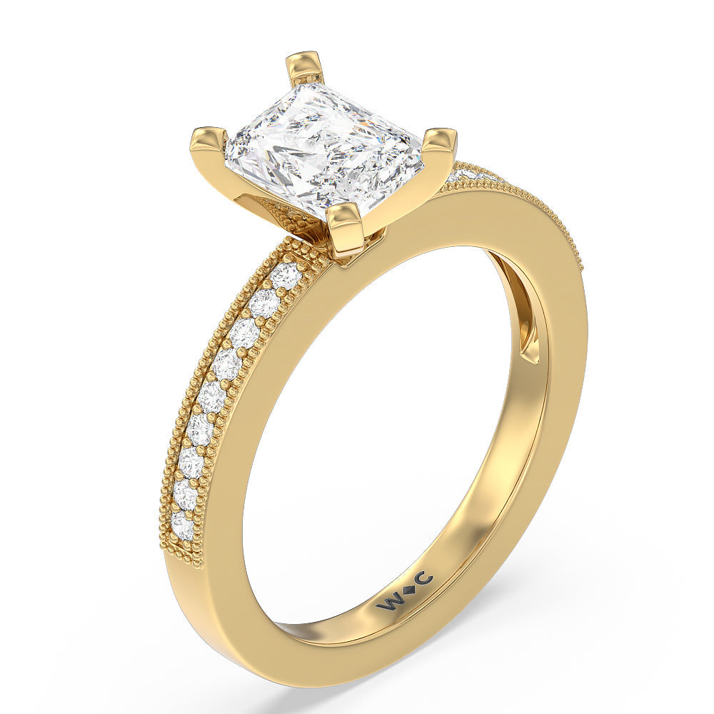 Pave And Milgrain Diamond Engagement Ring with Radiant Cut Diamond in 14KT Yellow Gold view 3
