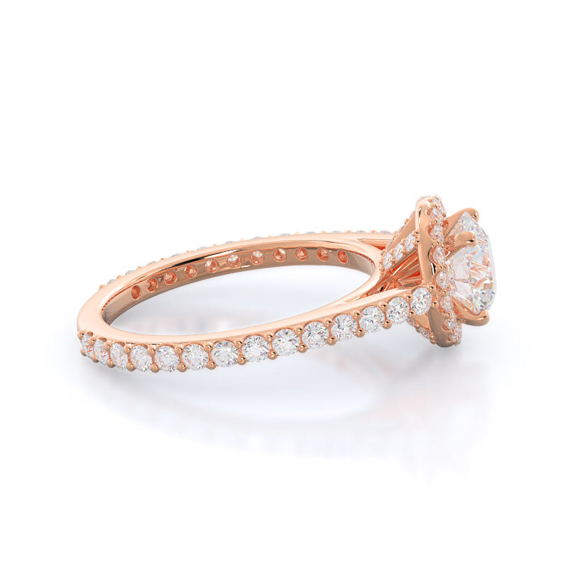 Round Cut Pave Diamond Halo Engagement Ring with Lab Grown Diamond in 14KT Rose Gold view 3