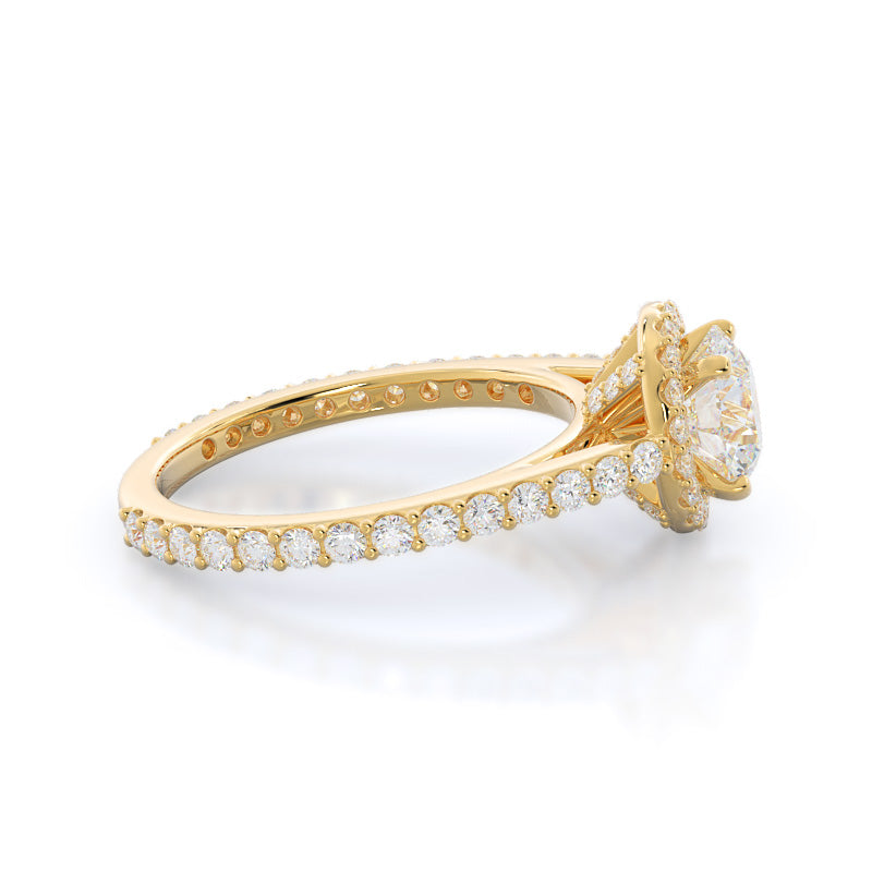 Round Cut Pave Diamond Halo Engagement Ring with Lab Grown Diamond in 14KT Yellow Gold view 3