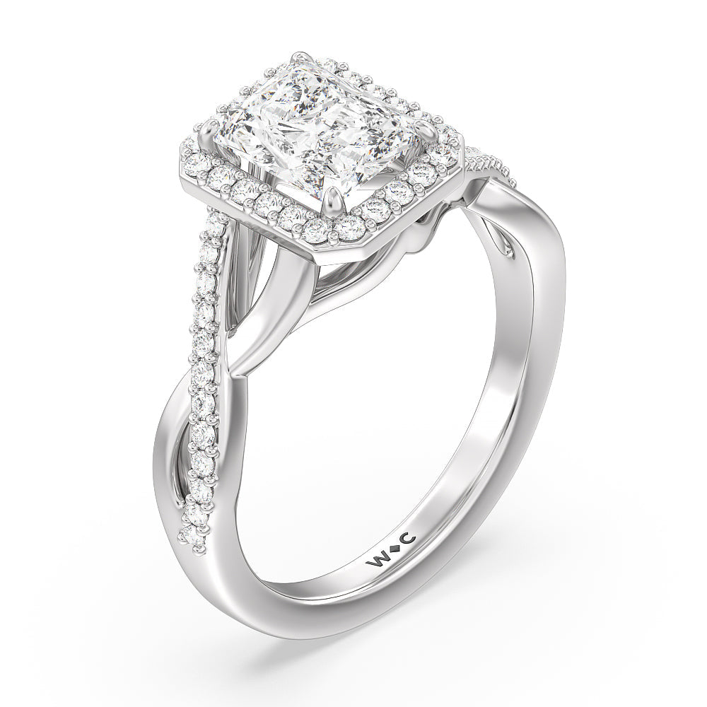 Swaying Split Shank Halo Diamond Engagement Ring with Radiant Cut Diamond in 14KT Platinum view 3