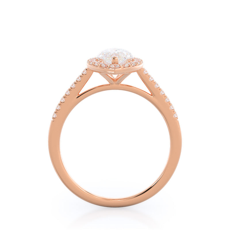 Cathedral Pave Halo Engagement Ring with Marquise Cut Diamond in 14KT Rose Gold view 2