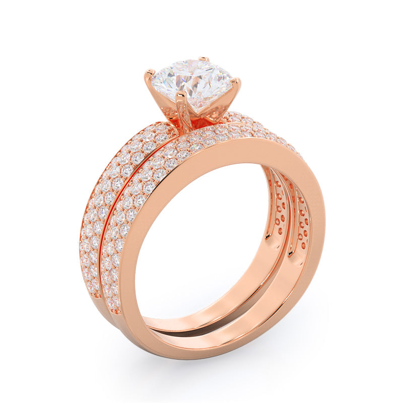 Three Row Micropave Diamond Wedding Band with 18KT Rose Gold Cut Diamond in 14KT Rose Gold view 3