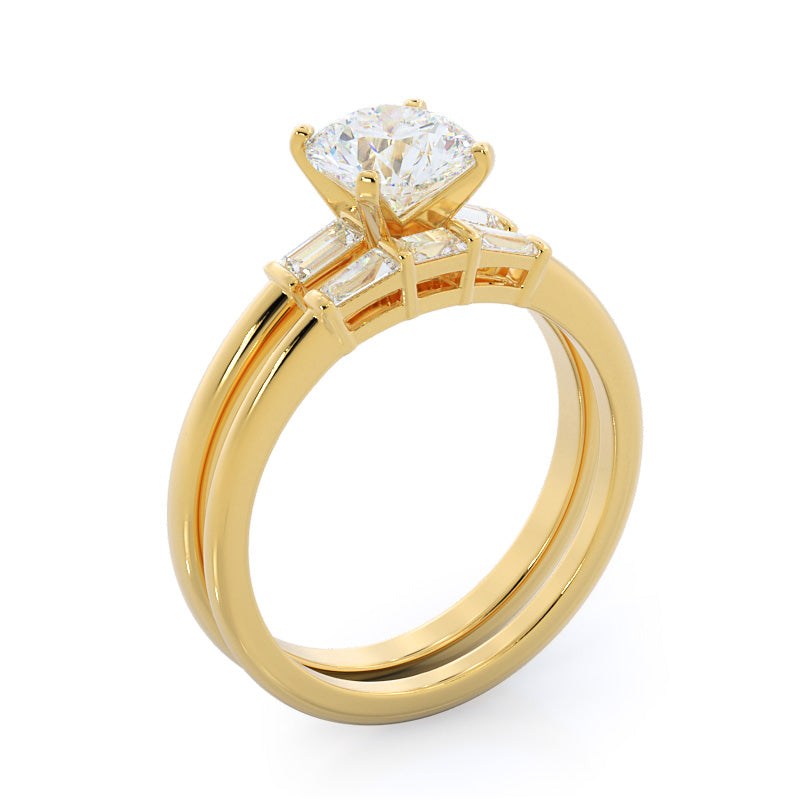 Three Stone Baguette Diamond Wedding Band with 18KT Yellow Gold Cut Diamond in 14KT Yellow Gold view 3