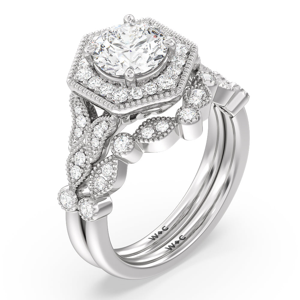 Vintage Hexagonal Halo Diamond Wedding Band with Platinum Cut Diamond in 14KT Platinum view 3