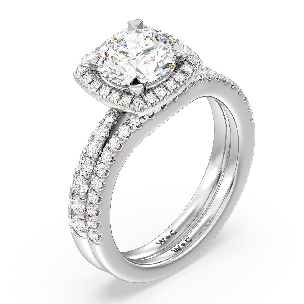 Tapered Cushion Halo Engagement Ring with Oval Cut Diamond in 14KT White & Rose Gold view 5