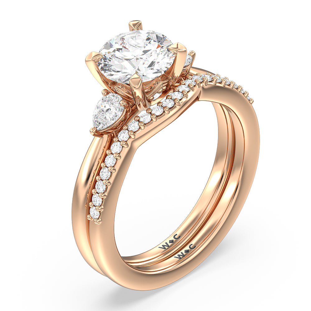 Fine Line Pear Three Stone Engagement Ring with Oval Cut Diamond in 14KT Rose Gold view 6