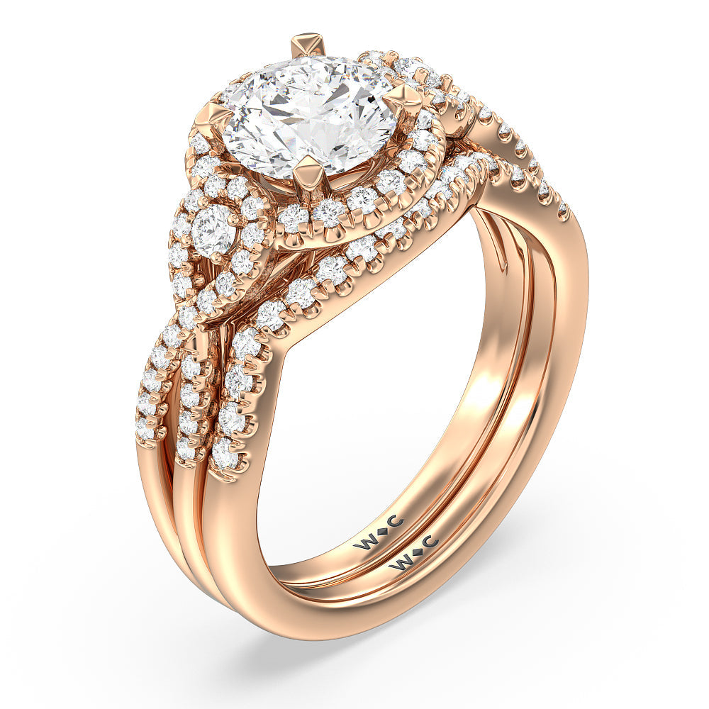Elegant Halo Side Stone Accent Solitaire Diamond Wedding Band with 18KT Rose Gold Cut Diamond in 14KT Rose Gold view 3