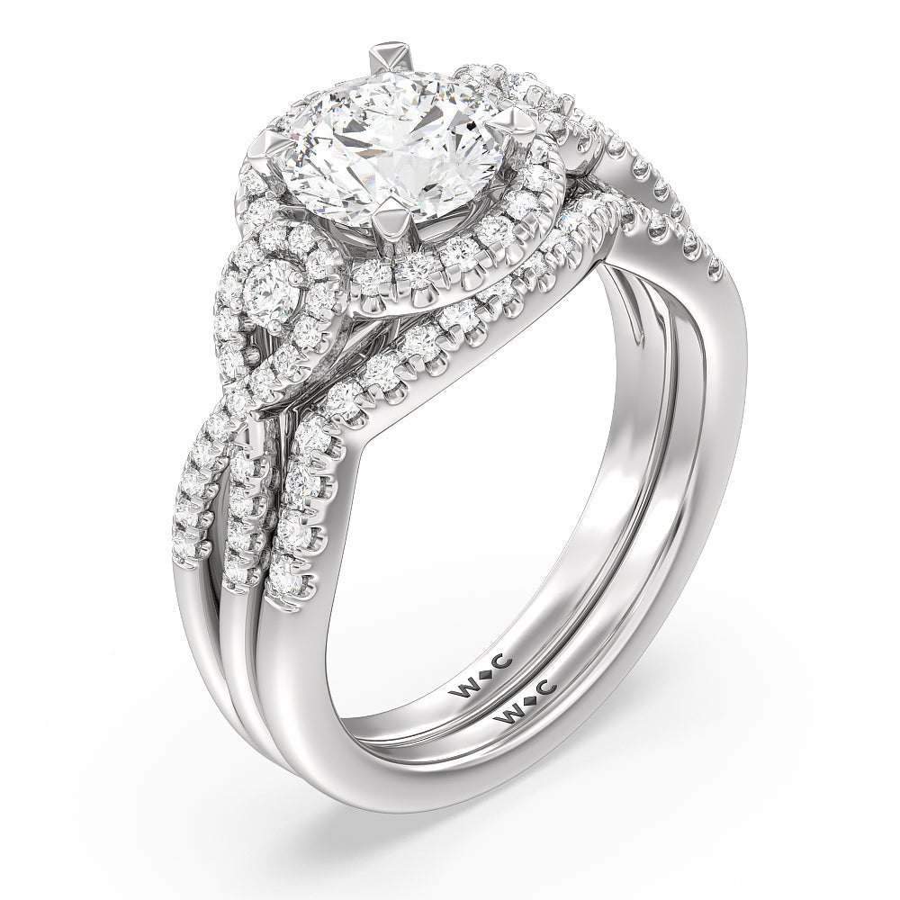 Elegant Halo Side Stone Accent Solitaire Diamond Wedding Band with Platinum Cut Diamond in 14KT Platinum view 3
