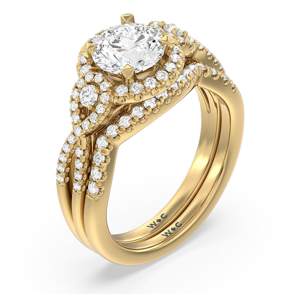 Elegant Halo Side Stone Accent Solitaire Diamond Wedding Band with 18KT Yellow Gold Cut Diamond in 14KT Yellow Gold view 3