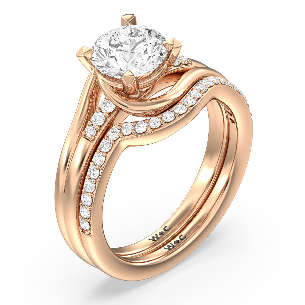 Crossover Arm Studded Shank Diamond Wedding Band with 18KT Rose Gold Cut Diamond in 14KT Rose Gold view 4