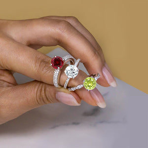 alternative engagement rings: ruby ring, moissanite ring, peridot ring