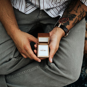 Man holding engagement ring box for a proposal