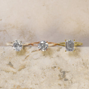 Moissanite Engagement Rings: White Gold Oval Four Prong Solitaire Ring, Traditional Pave Rose Gold Ring, & Petite Solitaire Yellow Gold Ring
