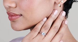 Model displaying her Lab grown diamond engagement ring