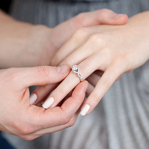 man sliding ring on woman's finger