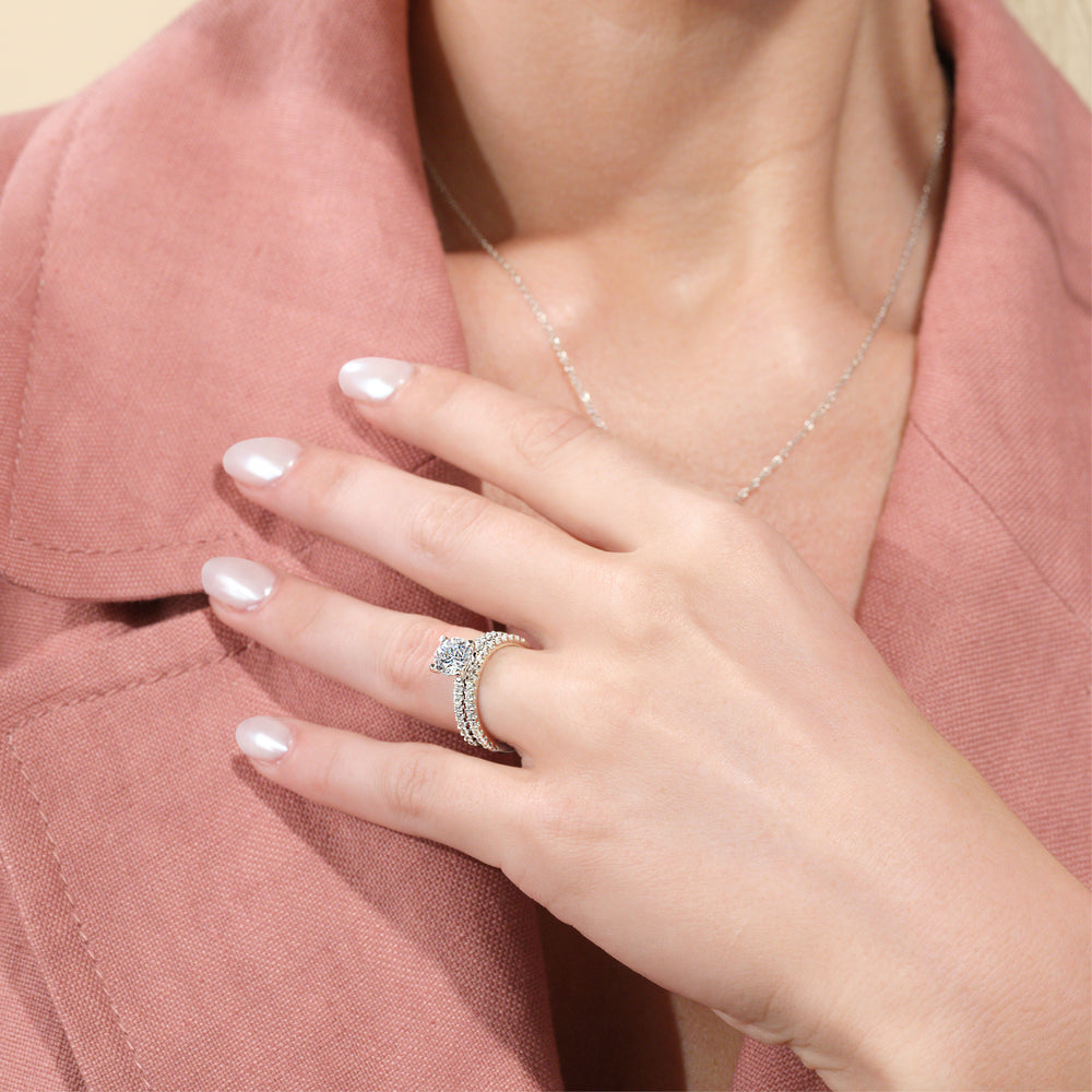 Model Wearing Vela Medi Hidden Halo Engagement Ring with Lab Grown Diamond view
