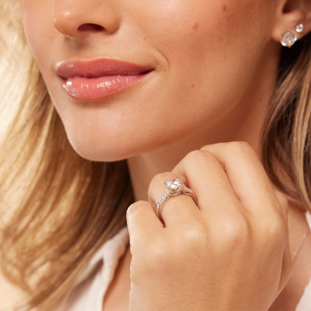 Model Wearing Two Row Diamonds Bridge Accent Engagement Ring with Lab Grown Diamond view