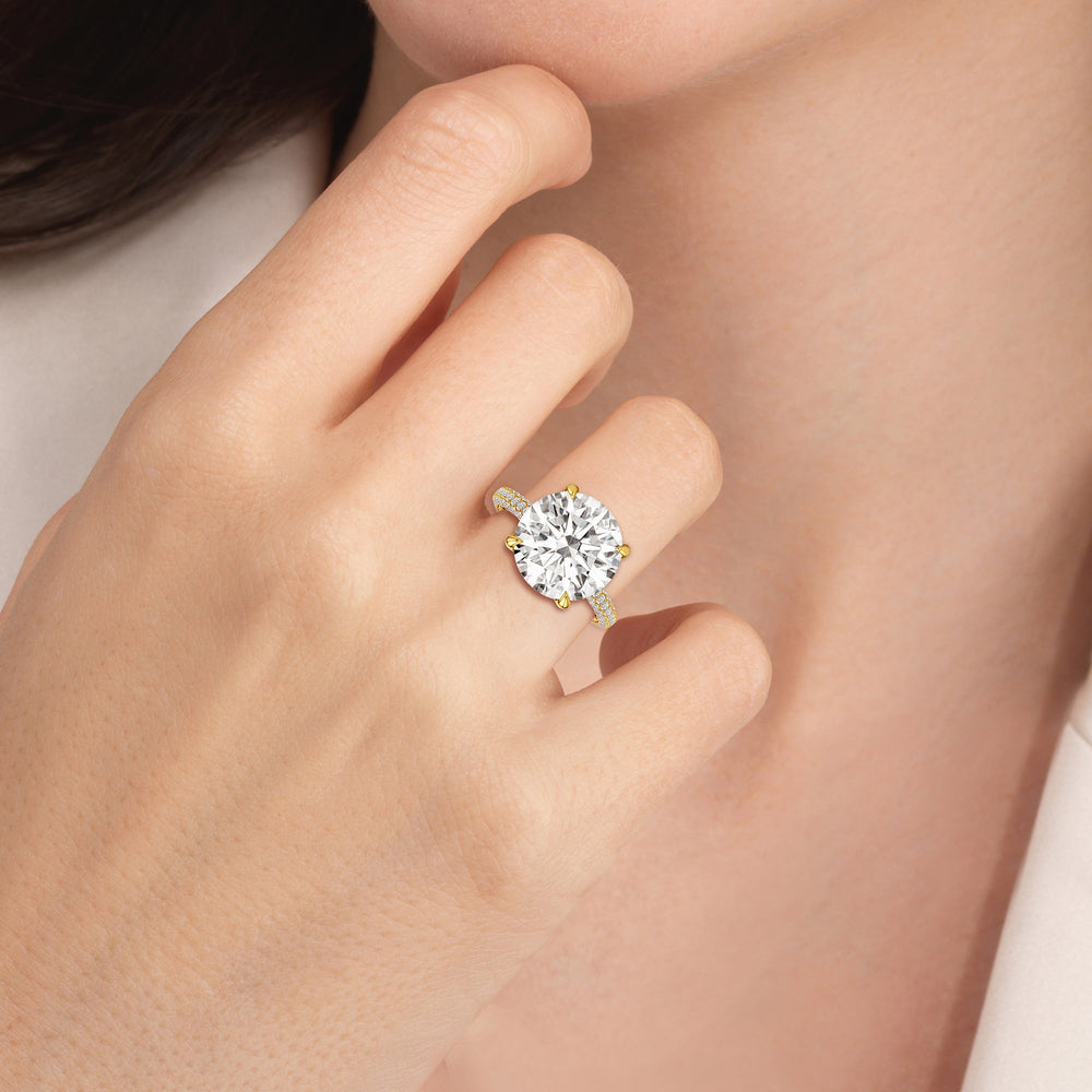 Model Wearing 7.04ct Round Cassatt Domed Pave Engagement Ring view