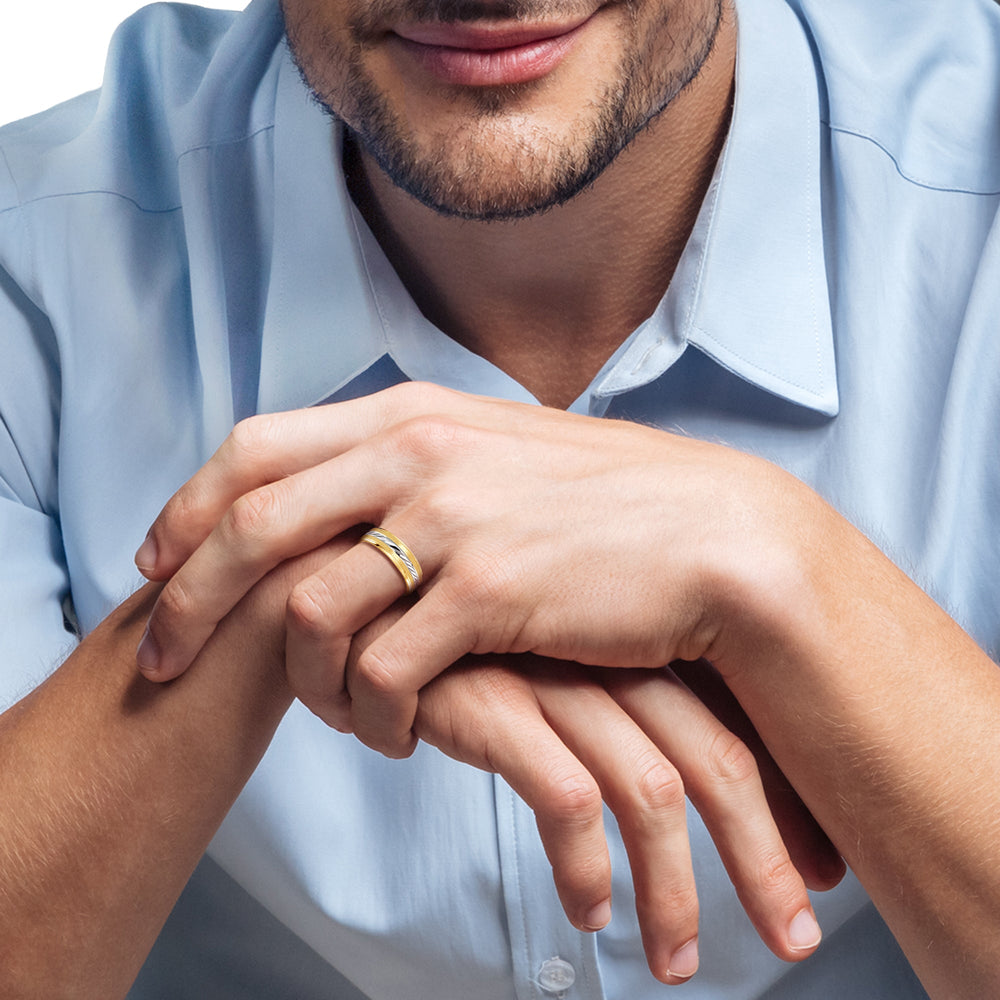 Model Wearing Two Tone Spiral Horizon Men's Band view