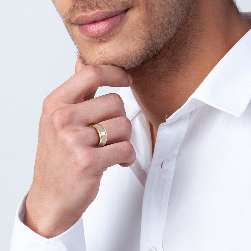 Two Tone Beveled Edge Men's Band with 18KT Yellow & White Gold / 8 Cut Diamond in 14KT Yellow & White Gold / 8 view 3
