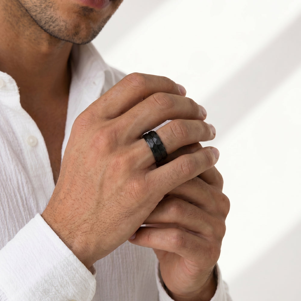 The Ridge Men's Band with Black Titanium / 9 Cut Diamond in 14KT Black Titanium / 9 view 2
