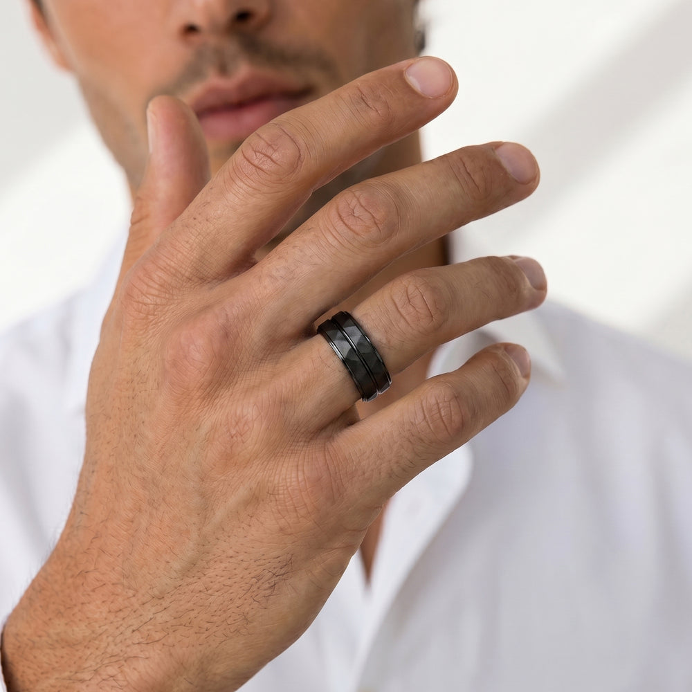 The Ridge Men's Band with Black Titanium / 9 Cut Diamond in 14KT Black Titanium / 9 view 3
