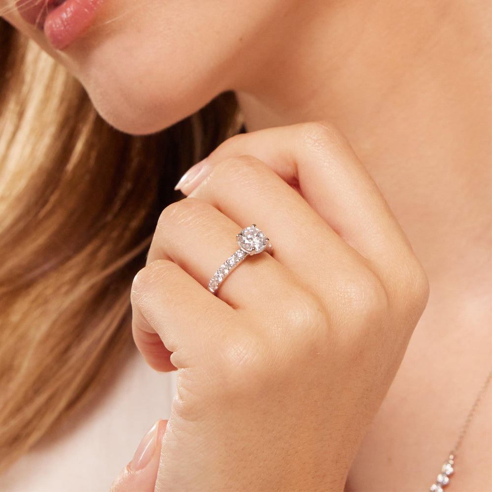 Model Wearing Luxe Classic Broad Band Engagement Ring with Lab Grown Diamond view