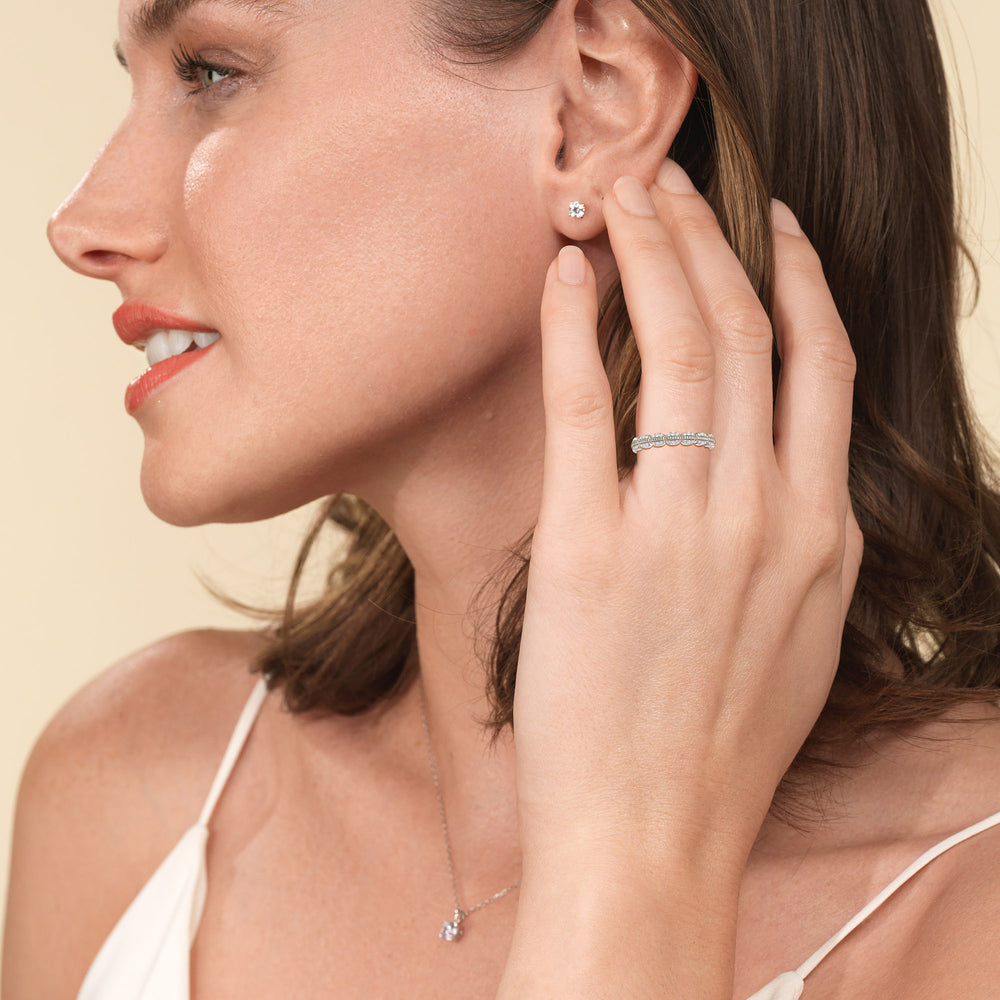 Model Wearing Vintage Filigree Petal Diamond Wedding Band view