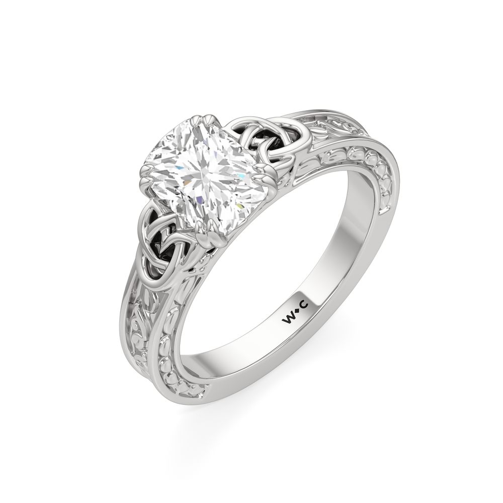 Vintage Celtic Engraved Engagement Ring with Elongated Cushion Cut Diamond in 14KT Platinum view 4
