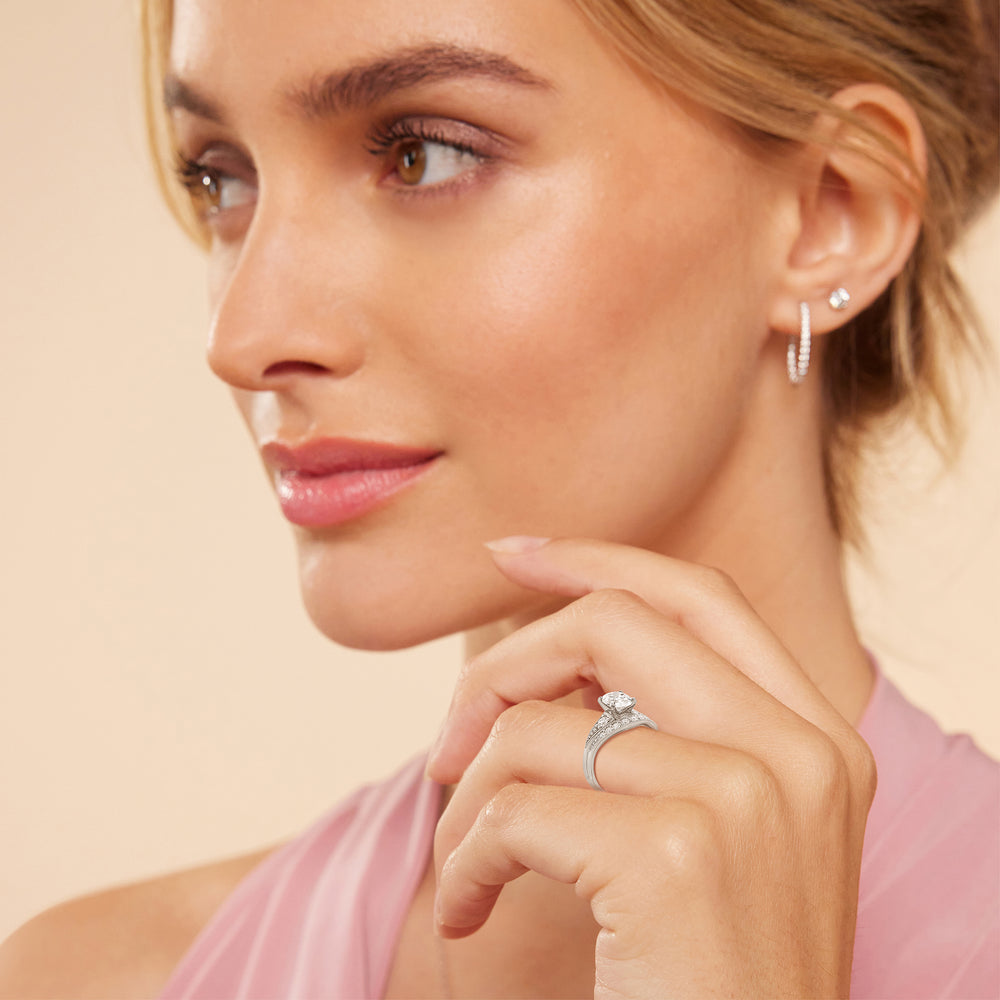 Model Wearing Heirloom Milgrain Diamond Wedding Band view