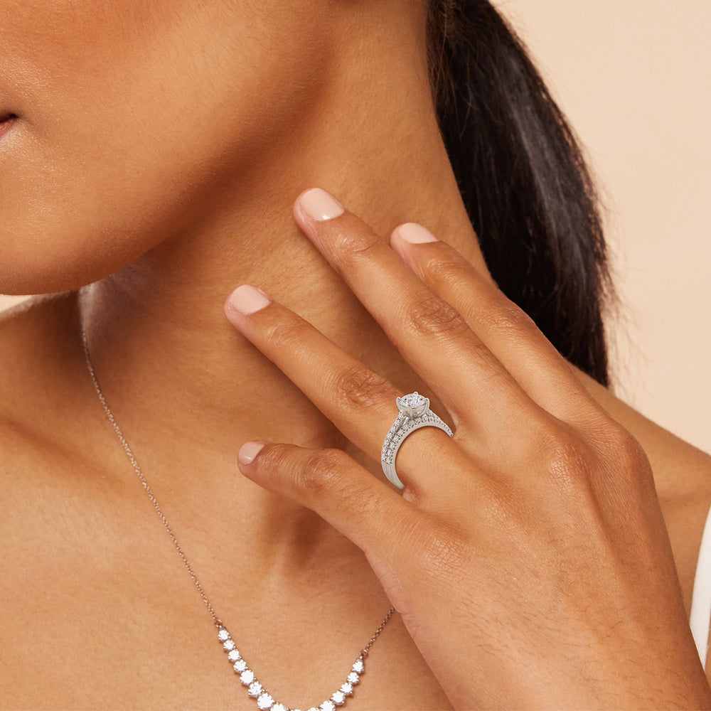 Model Wearing French Basket Pave Diamond Wedding Band view