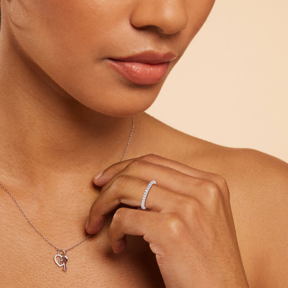 Model Wearing Pave Diamond Halo Wedding Band view