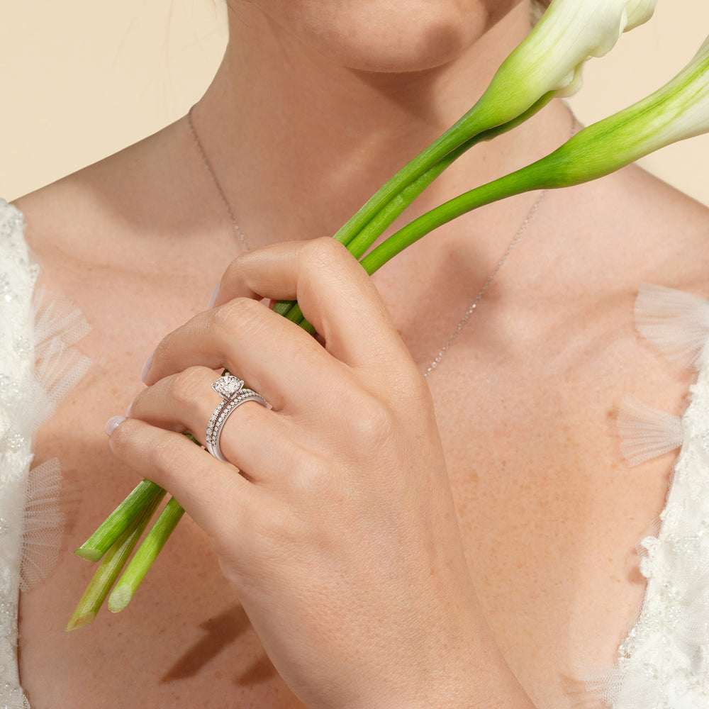 Model Wearing Petal Hidden Accent Diamond Wedding Band view