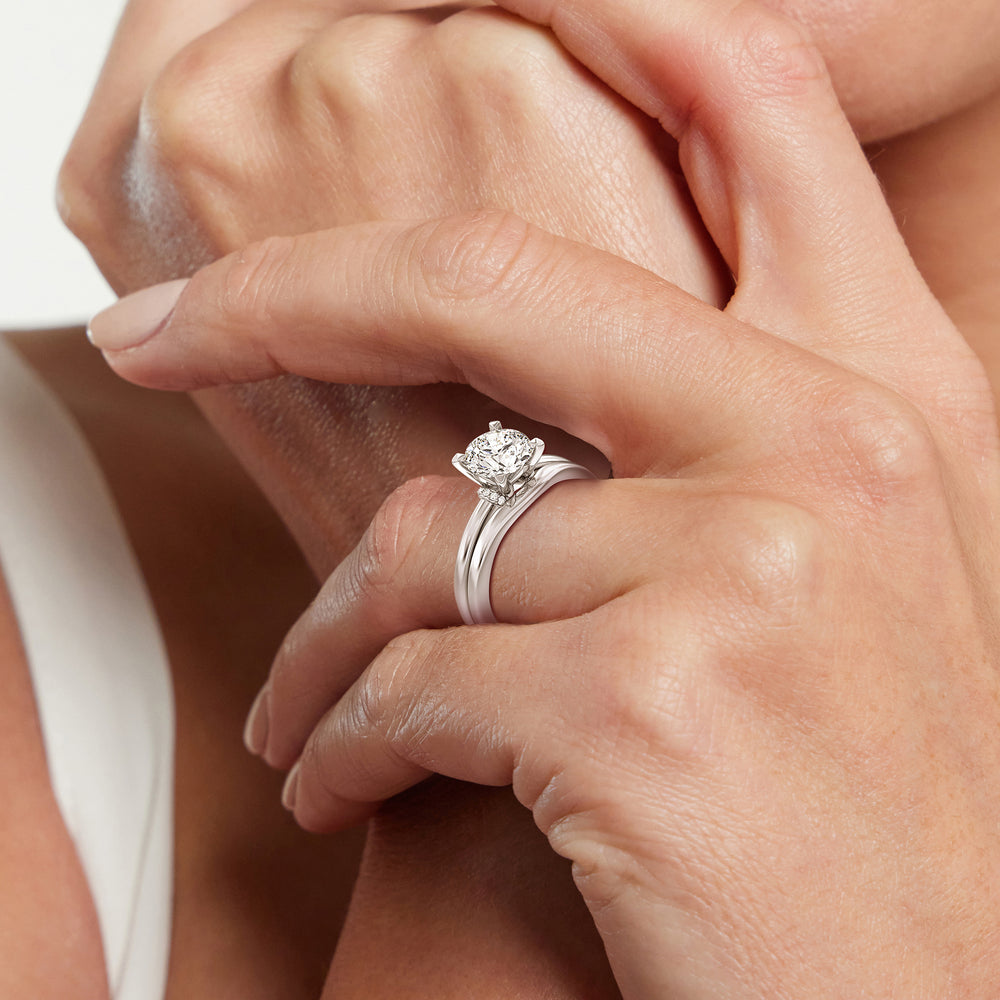 Model Wearing Collar Fine Line Wedding Band view