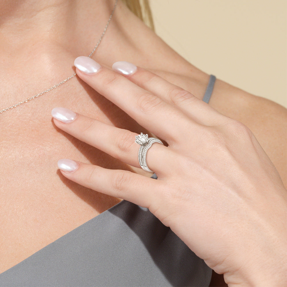 Model Wearing Fine Line Knife Edge Diamond Wedding Band view
