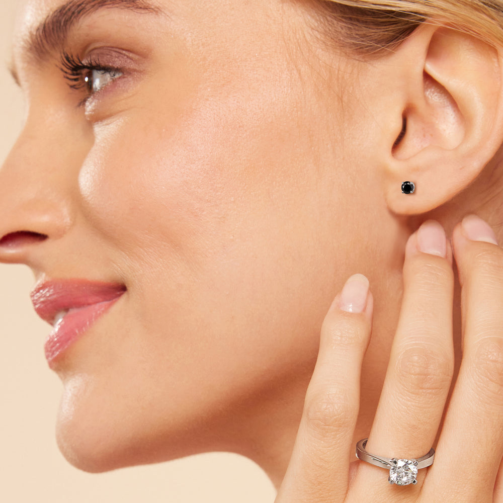 Classic Round Natural Black Diamond Four Prong Stud Earrings with 14KT Rose Gold / 1/2 Cut Diamond in 14KT Rose Gold / 1/2 view 2
