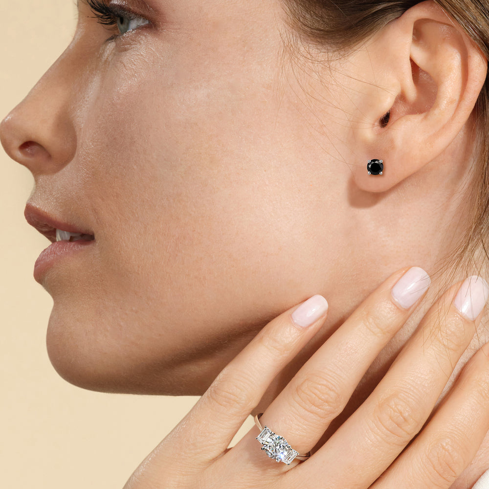 Classic Round Natural Black Diamond Four Prong Stud Earrings with 14KT White Gold / 1 Cut Diamond in 14KT White Gold / 1 view 2
