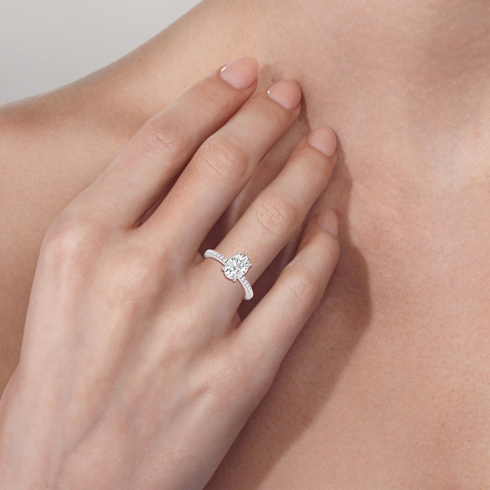 Model Wearing 2 3/8 cttw Oval Cut Classic Hidden Halo Engagement Ring view