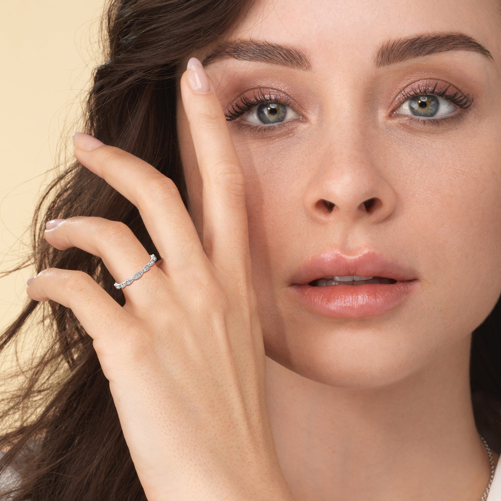 Model Wearing Forget-Me-Not Hidden Halo Diamond Wedding Band view