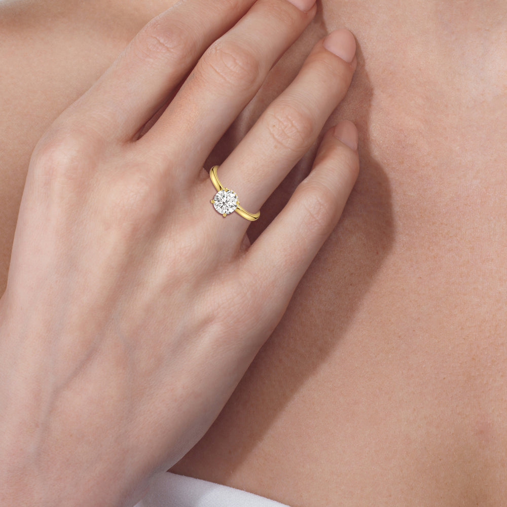 Model Wearing Modern Fine Line High Hidden Halo Solitaire Ring view