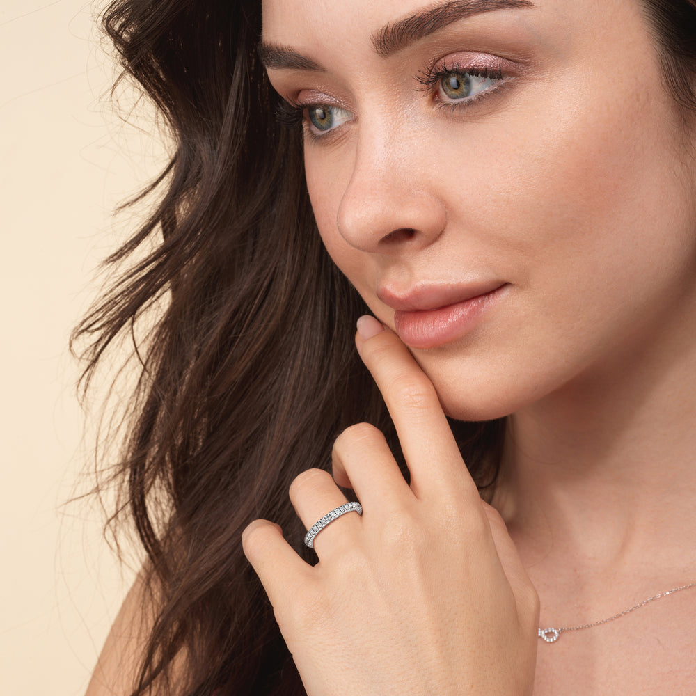 Model Wearing Aura Hidden Accent Solitaire Diamond Wedding Band view