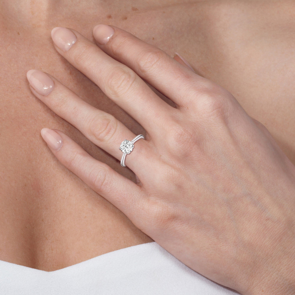 Model Wearing 3.52ct Radiant Tulip Basket Cathedral Classic Solitaire Lab Diamond Engagement Ring view