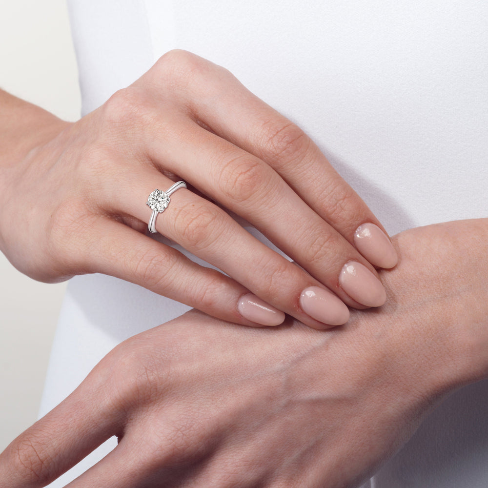 Model Wearing 3.56ct Round Tulip Basket Cathedral Classic Solitaire Engagement Ring view