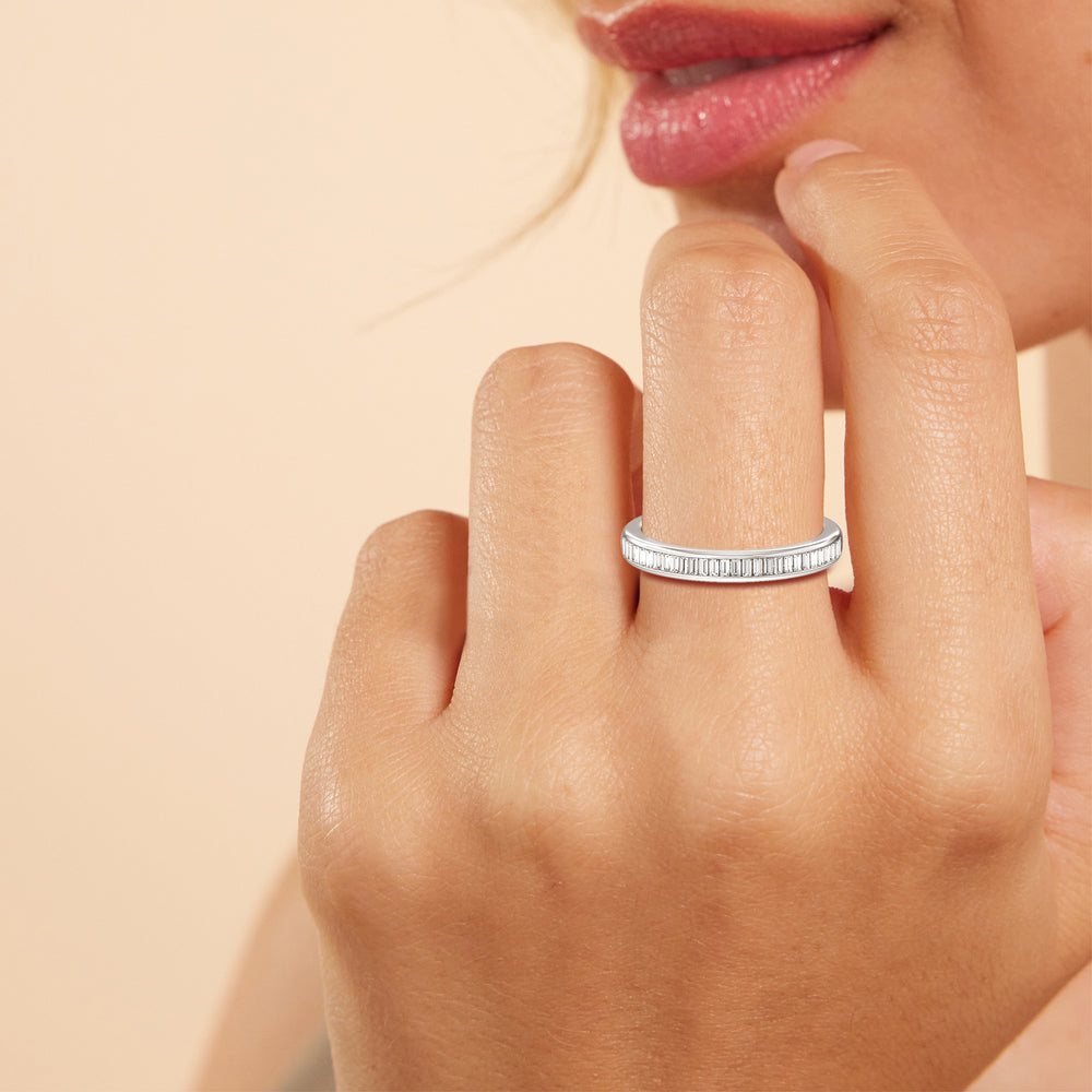 Model Wearing Channel Baguette Deco Solitaire Diamond Wedding Band view