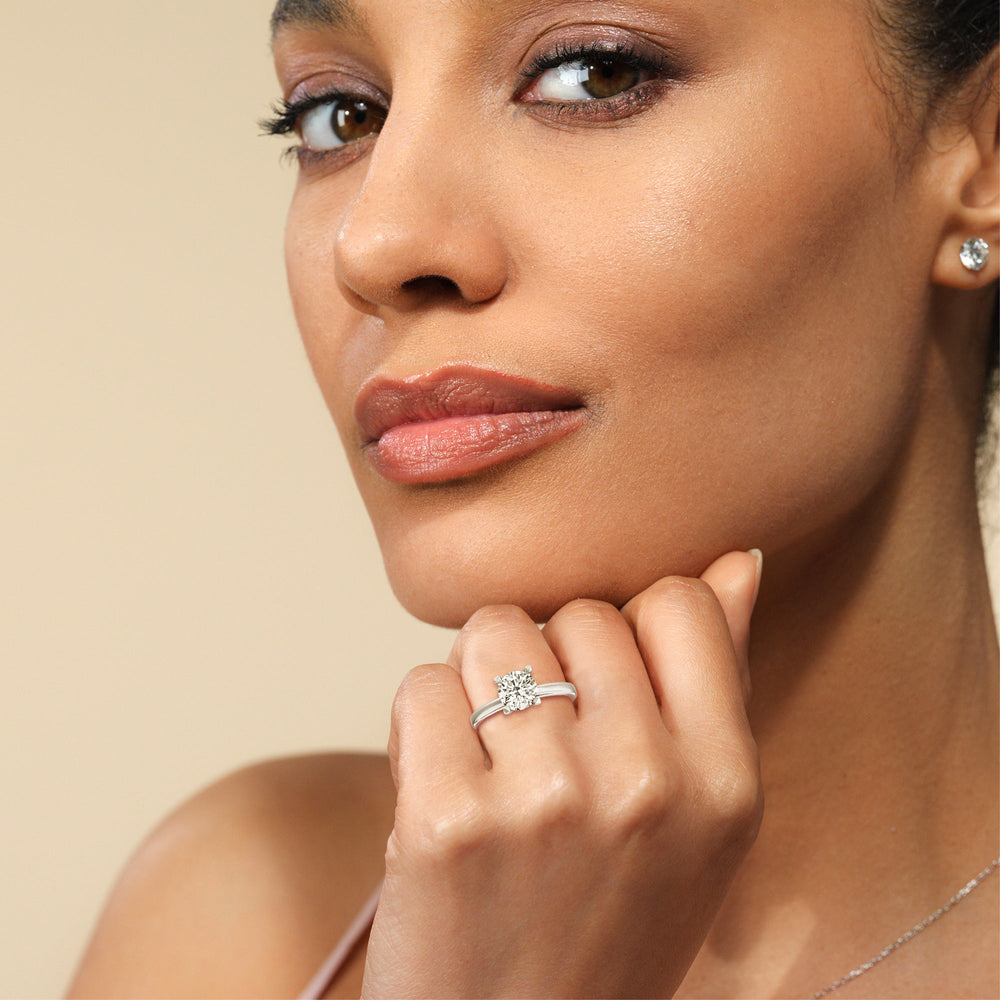 Model Wearing 2.07ct Radiant Solitaire Classic Hidden Halo Engagement Ring view