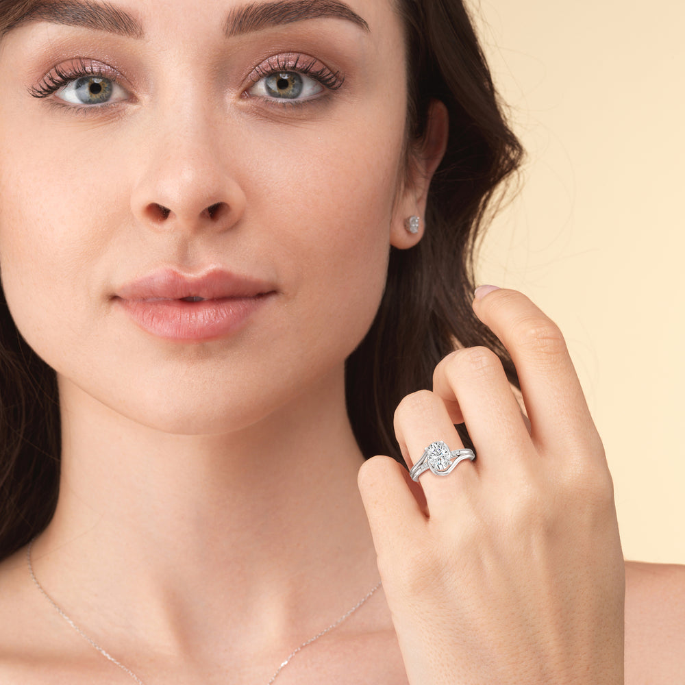 Model Wearing Crossover Arm Studded Shank Engagement Ring with Lab Grown Diamond view