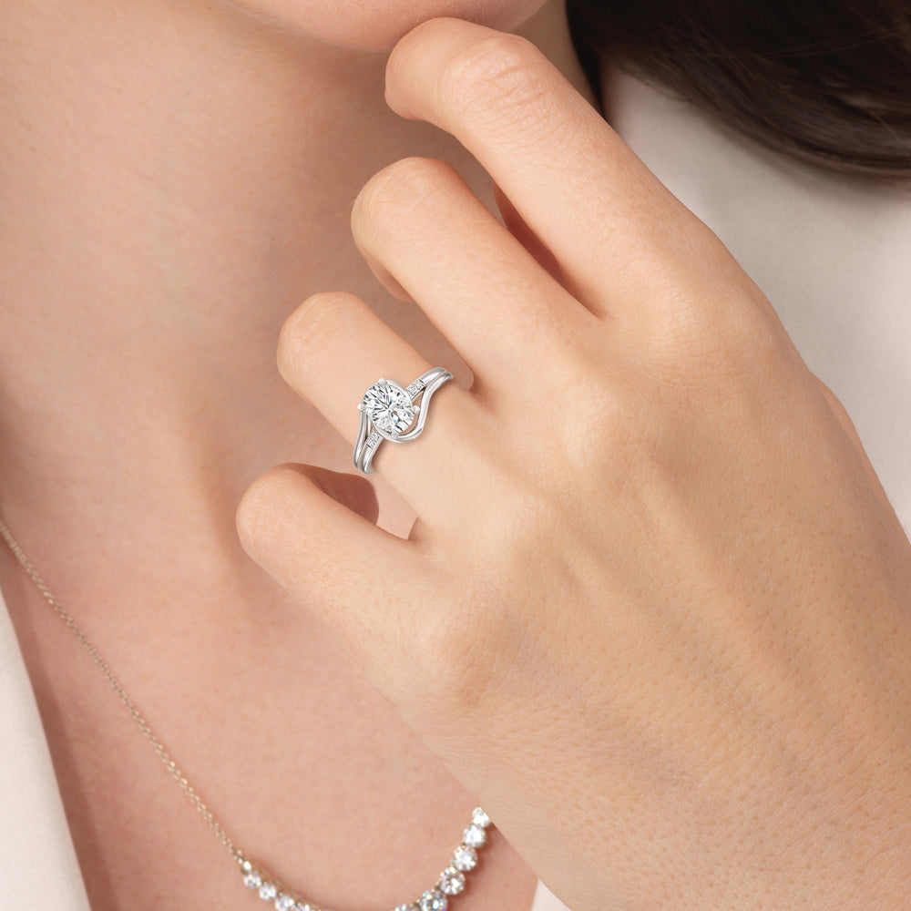 Model Wearing Crossover Arm Studded Shank Engagement Ring with Lab Grown Diamond view