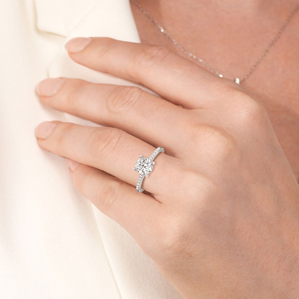 Model Wearing Cathedral Diamond Pave Hidden Halo Engagement Ring view