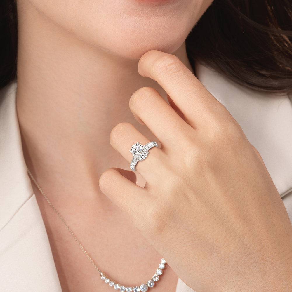 Model Wearing Baguette Studded Cathedral Shank Engagement Ring view