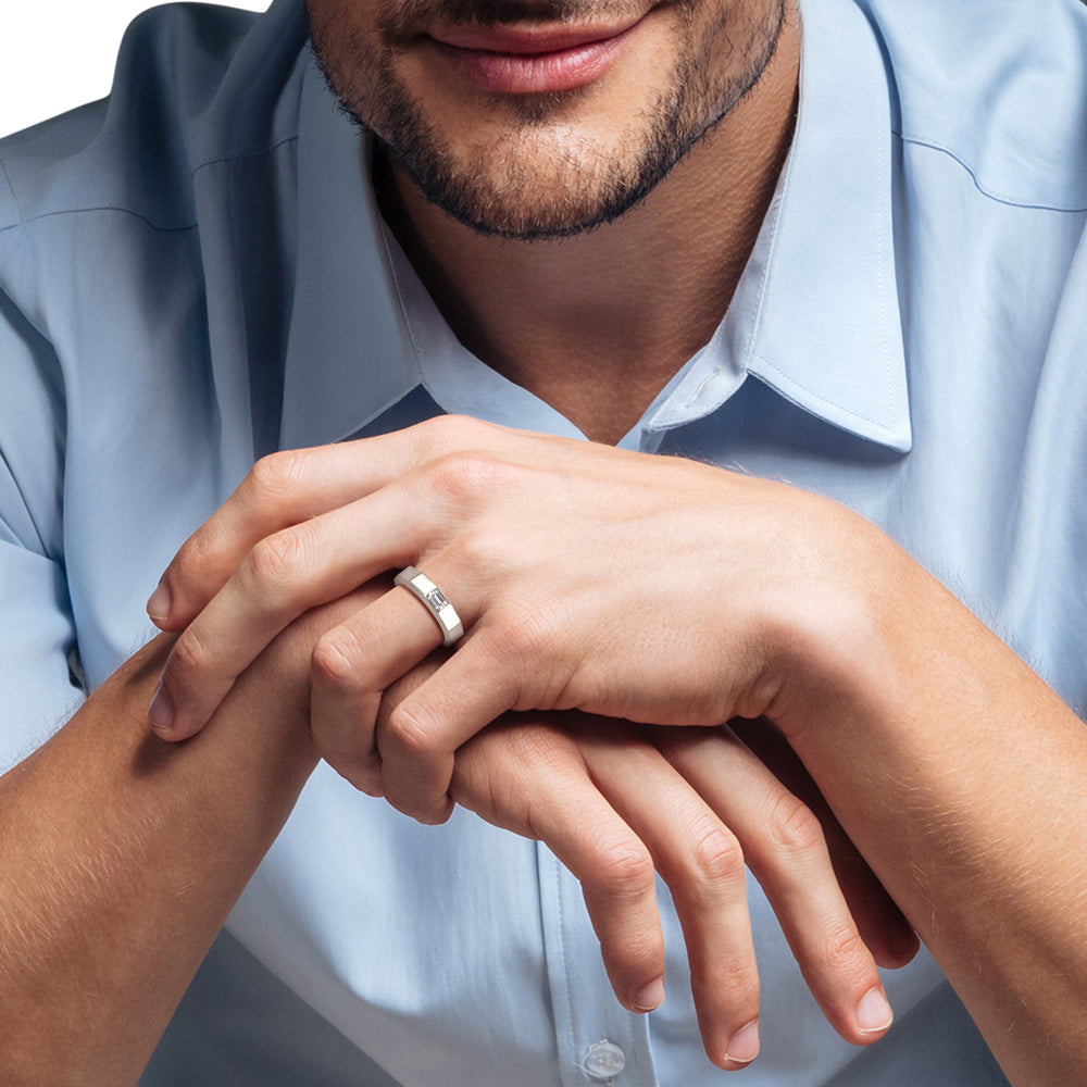 Model Wearing Faceted Bezel Men's Engagement Ring view